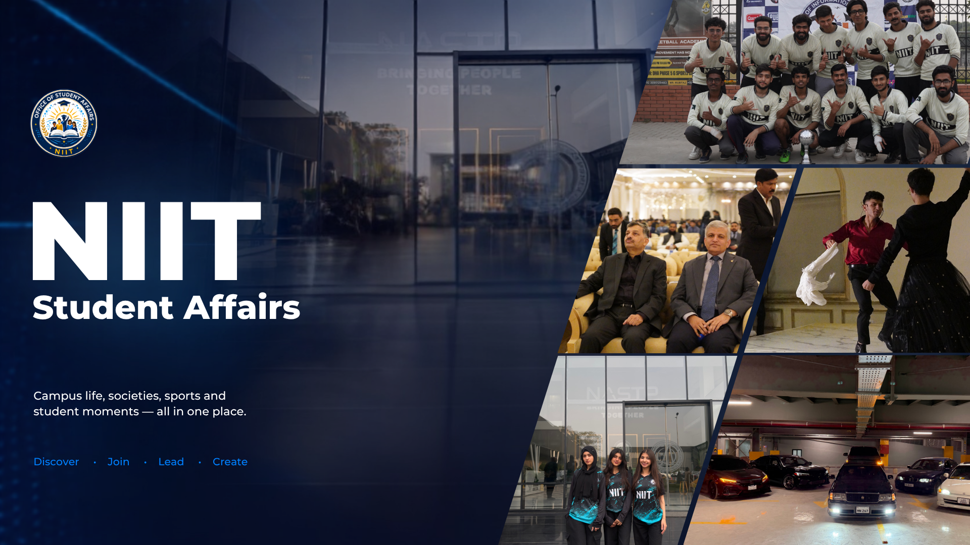 NIIT Student Affairs collage featuring student sports, events, performance and campus life.